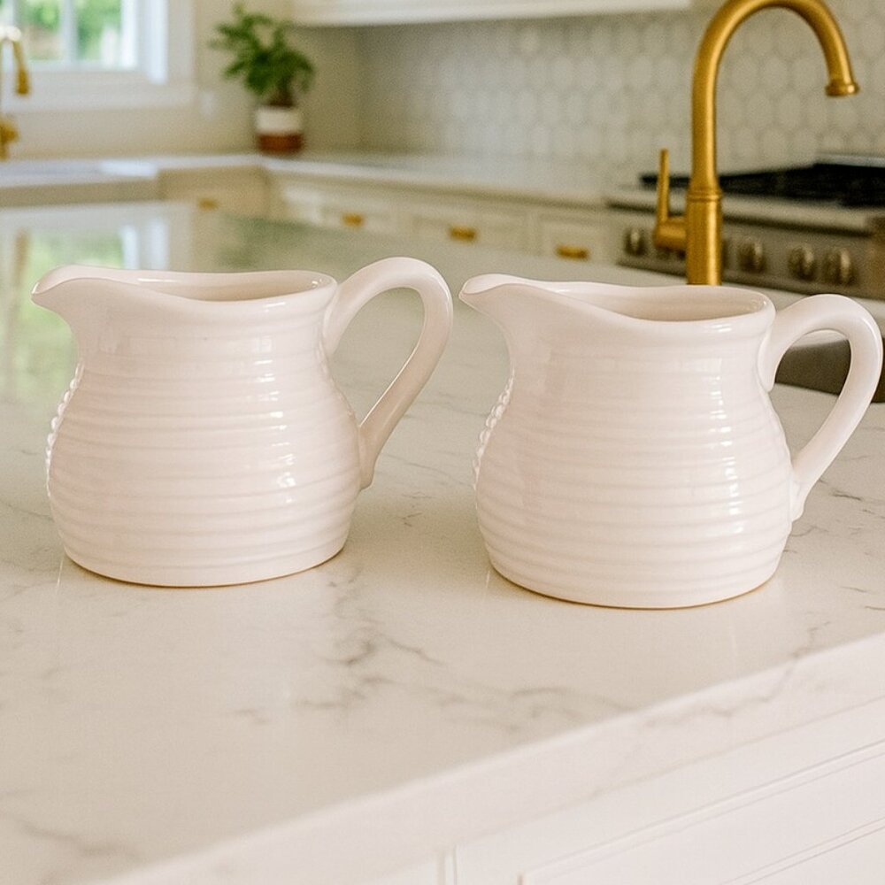 NWT Set of 2 White French Country Style Textured Creamers Jugs Pitchers - Picture 2 of 13